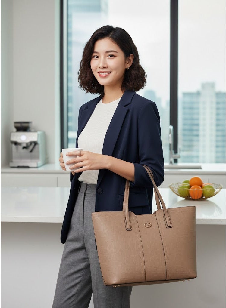 FUMES Coffee Brown Structured Tote Bag – Premium Leather Women’s Shoulder Handbag - Image 3